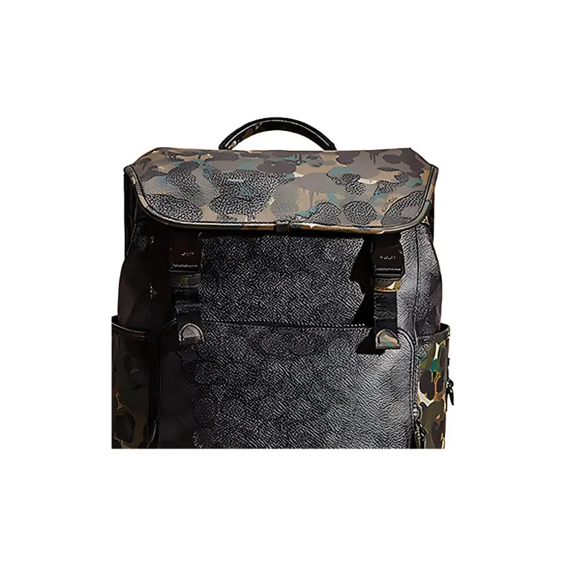COACH League Canvas With Polished Pebbled Leather Travel Bags Backpack Large Size Men's Black Patchwork Camouflage-1