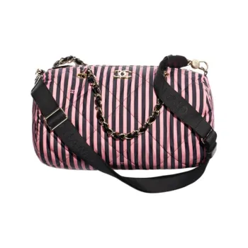 CHANEL Printed Fabric And Metal Bowling Bag, Handbag, Shoulder Bag Tubas Women's Black & Pink