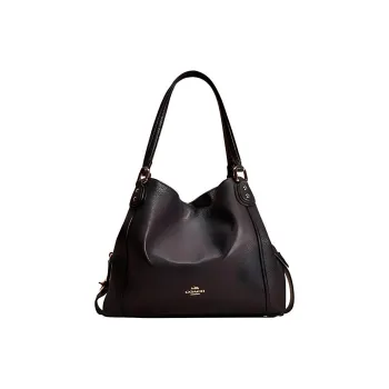 COACH Edie Pebbled Leather Shoulder Bag Large Size Women's Black