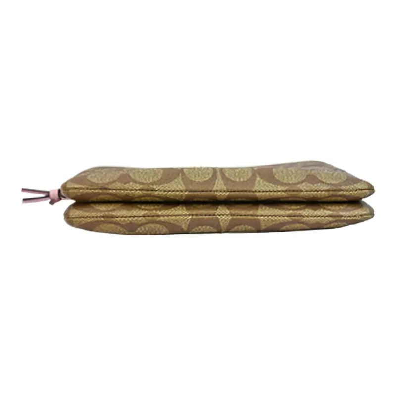 COACH Double Zip Wallet Leather Detail Pochette Wrist Bag Clutch Small Size Women's Khaki & Pink-3