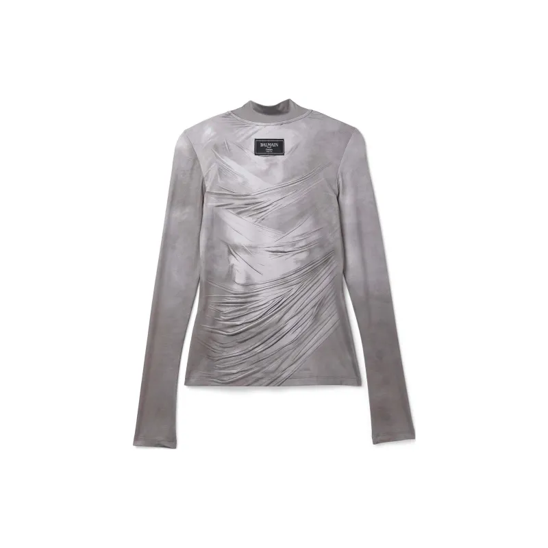 BALMAIN Draped Print Satin Top-1