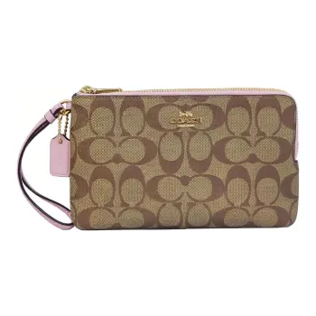 COACH Double Zip Wallet Leather Detail Pochette Wrist Bag Clutch Small Size Women's Khaki & Pink