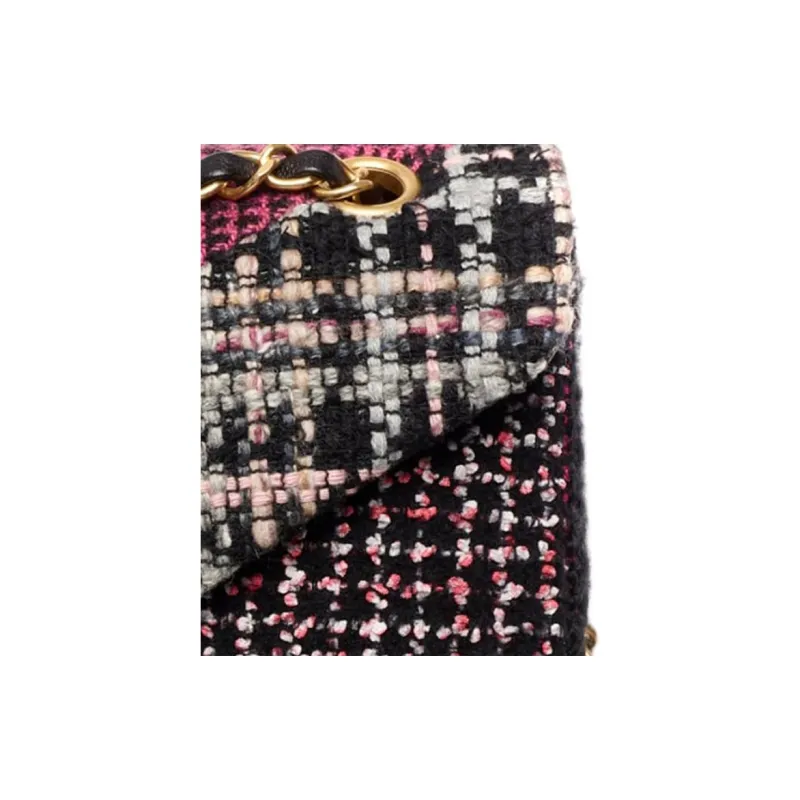 CHANEL Twill Soft Woolen Patchwork Fabric & Gold Metal Flap Bag, Shoulder Bag, Crossbody Bag Women's Black/Pink/White-4