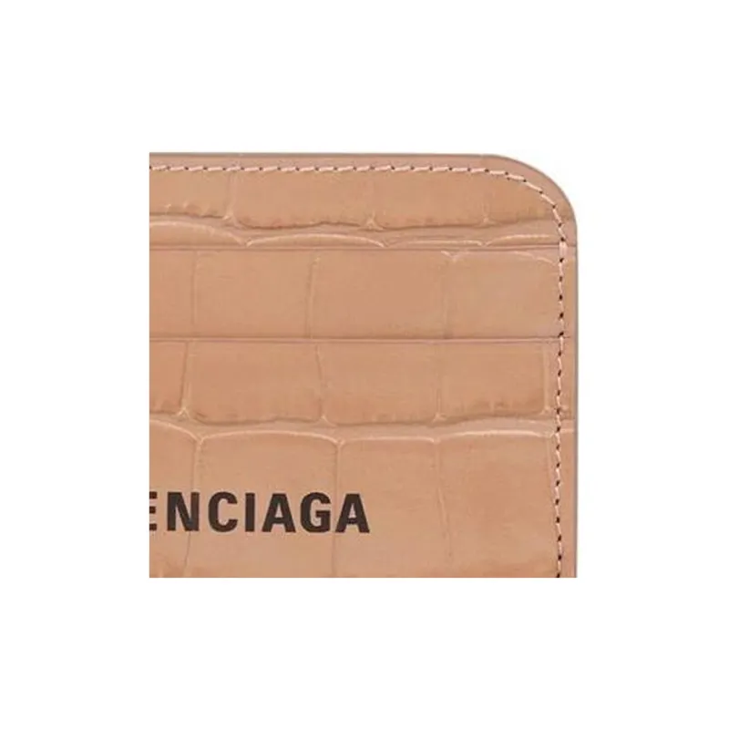 Balenciaga Cash Shiny Crocodile Pattern Embossed Cow Leather Card Holder Regular Women's Brown-1