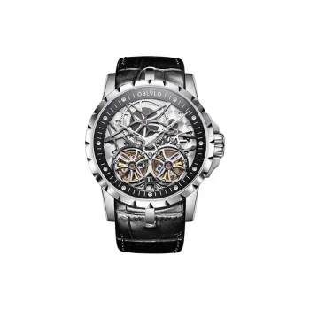 OBLVLO Automatic Mechanical Movement Cowhide Strap Watch Unisex Silver Dial