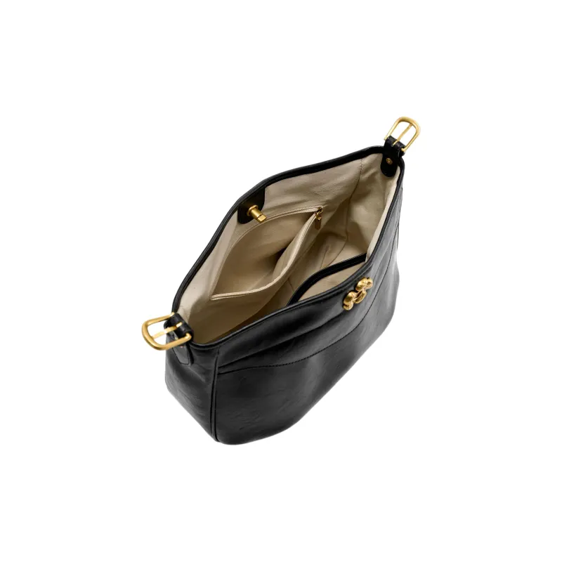 Simedin Cow Leather Shoulder Bag Medium Size Women's Black/Coffee/Ecru-3