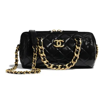 CHANEL Polished Lambskin Bowling Bag, One Shoulder Handbag, Crossbody Bag Trumpets Women's Black