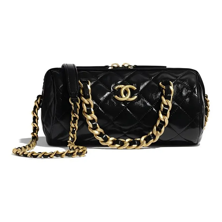 CHANEL Polished Lambskin Bowling Bag, One Shoulder Handbag, Crossbody Bag Trumpets Women's Black-0