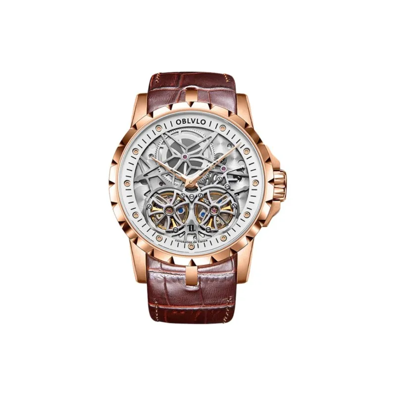 OBLVLO Automatic Mechanical Movement Cowhide Strap Watch Unisex Silver Dial-8