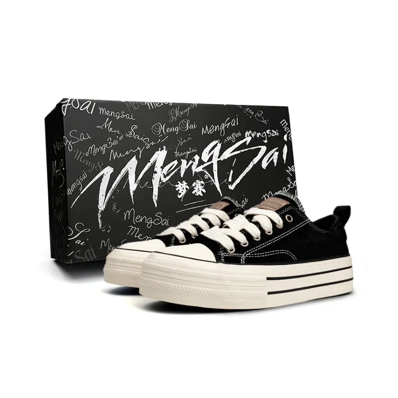 Mengsai Height Increasing Abrasion Resistant Lightweight Low Top Canvas Shoes Unisex Black White-0
