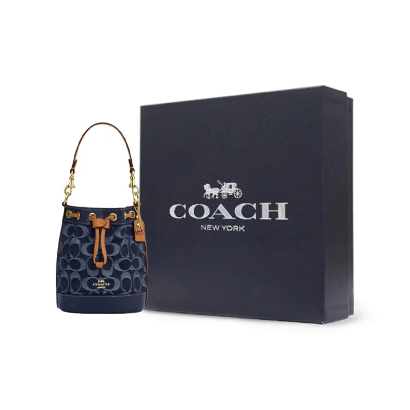 COACH Fabric With Cow Leather Bucket Bag, Shoulder Bag, Crossbody Bag, Handbag Mini Women's Denim Blue-7