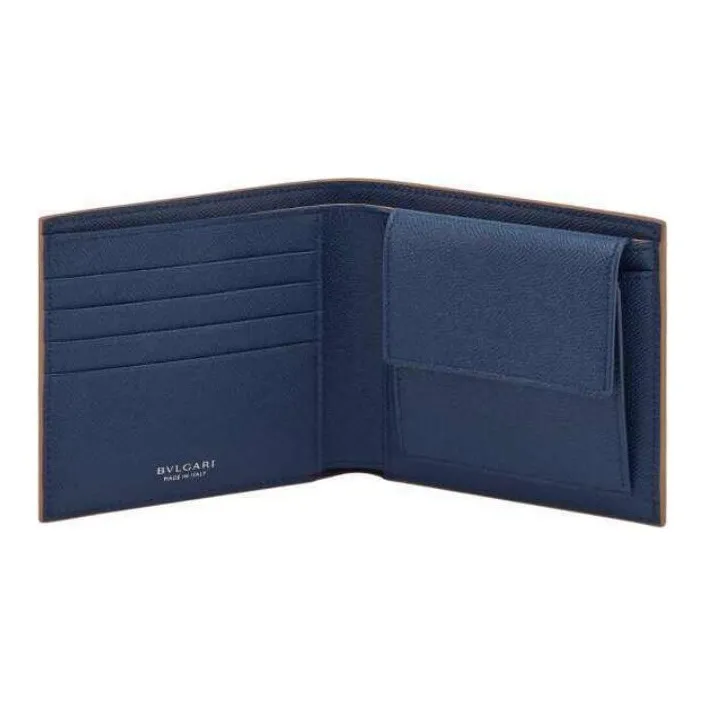 BVLGARI Cow Leather Wallet Small Size Men's Brown & Blue-2