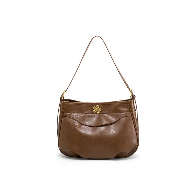 Simedin Cow Leather Shoulder Bag Medium Size Women's Black/Coffee/Ecru-6
