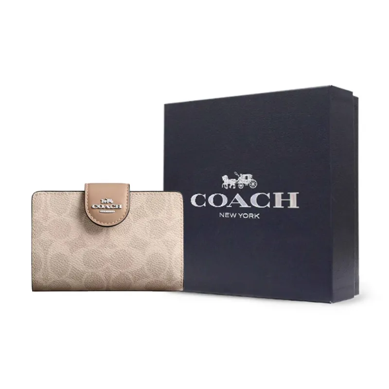 COACH SignatureCanvas High quality Leather Wallet Medium Size Women's Sand-4