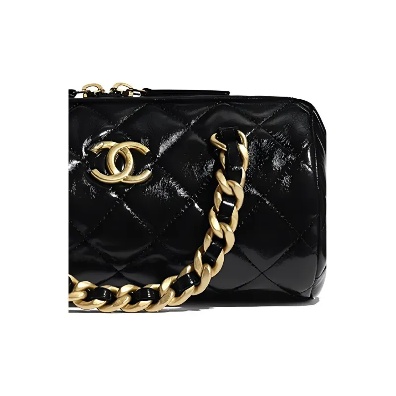 CHANEL Polished Lambskin Bowling Bag, One Shoulder Handbag, Crossbody Bag Trumpets Women's Black-1