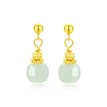 Lao Feng Xiang Hetian Jade Earrings Pale Greenish White Jade Women's