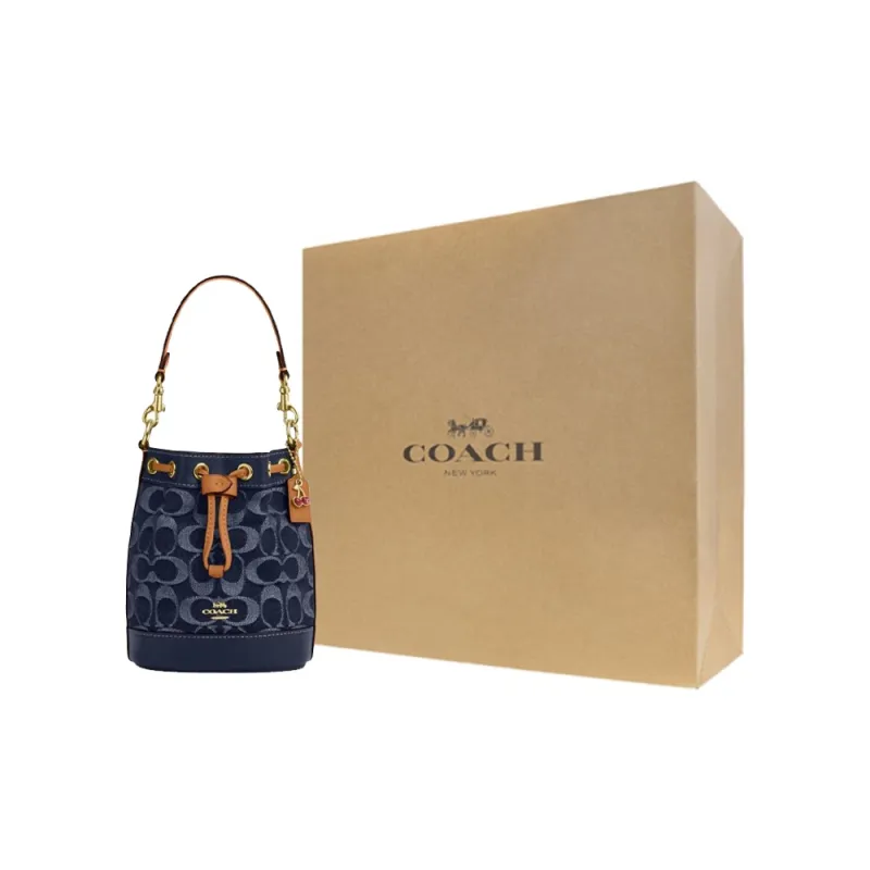 COACH Fabric With Cow Leather Bucket Bag, Shoulder Bag, Crossbody Bag, Handbag Mini Women's Denim Blue-6