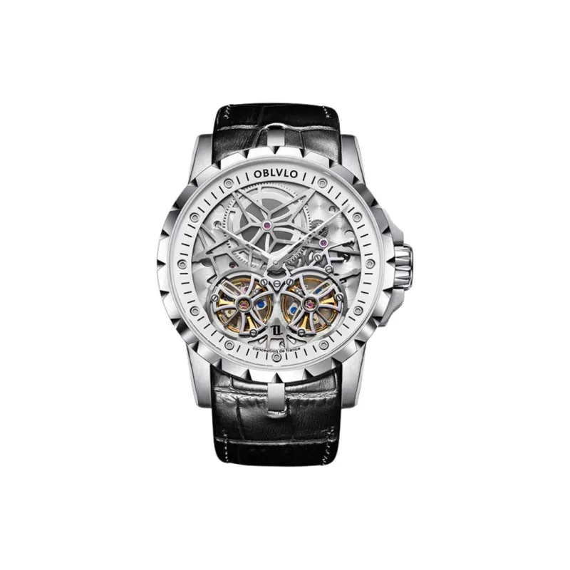 OBLVLO Automatic Mechanical Movement Cowhide Strap Watch Unisex Silver Dial-11