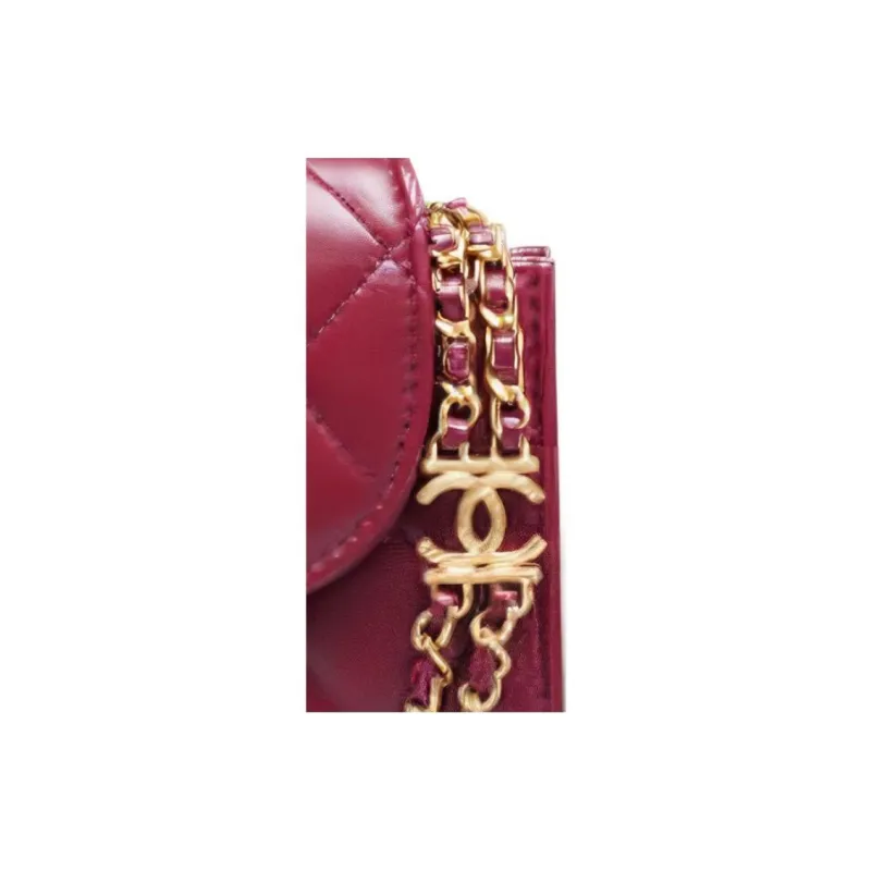 CHANEL 22K Autumn And Winter Sheepskin Flap Bag, Cell Phone Pouch, Shoulder Bag, Crossbody Bag Mini Women's Burgundy-2