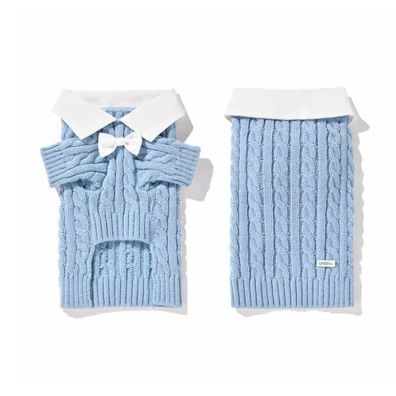 UFBemo Pet Clothing, Hand Crochet Lapel/bow Jacquard/woven Collar Cable Cardigan-7