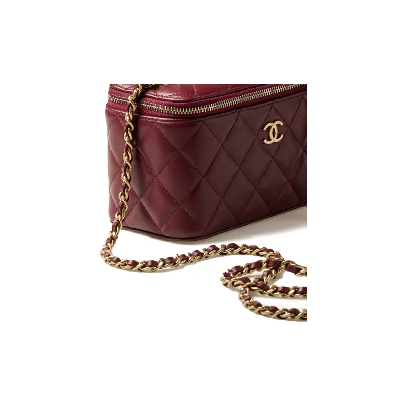 CHANEL Sheepskin Metal Makeup Bag Handbag, Shoulder Bag, Crossbody Bag Women's Burgundy-4