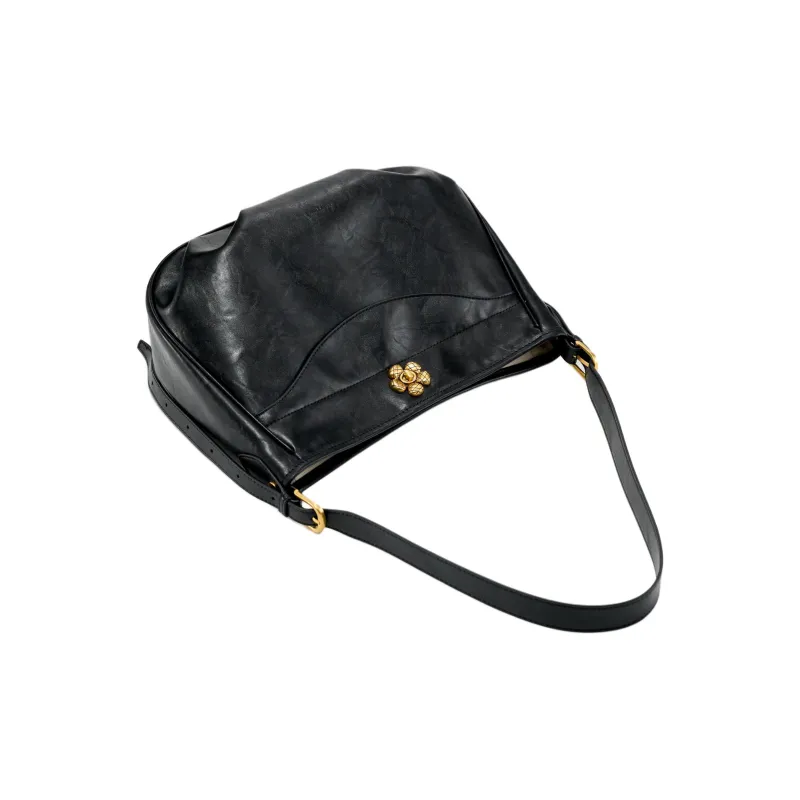 Simedin Cow Leather Shoulder Bag Medium Size Women's Black/Coffee/Ecru-2