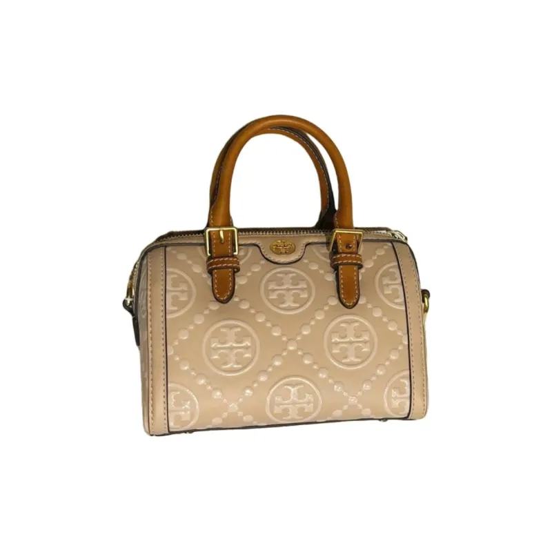 TORY BURCH T Monogram Cow Leather Barrel Bag, Shoulder Bag, Crossbody Bag, Handbag Mini Women's Warm Tea Brown-1