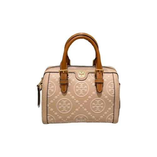 TORY BURCH T Monogram Cow Leather Barrel Bag, Shoulder Bag, Crossbody Bag, Handbag Mini Women's Warm Tea Brown
