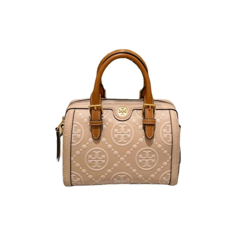 TORY BURCH T Monogram Cow Leather Barrel Bag, Shoulder Bag, Crossbody Bag, Handbag Mini Women's Warm Tea Brown-0