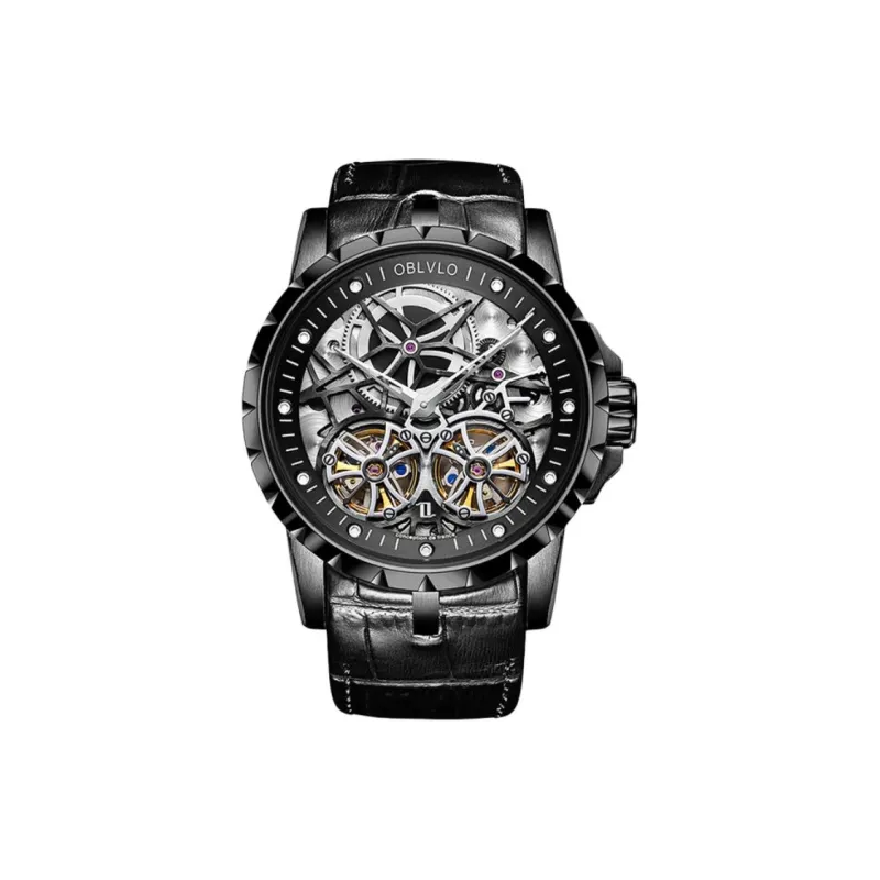 OBLVLO Automatic Mechanical Movement Cowhide Strap Watch Unisex Silver Dial-0