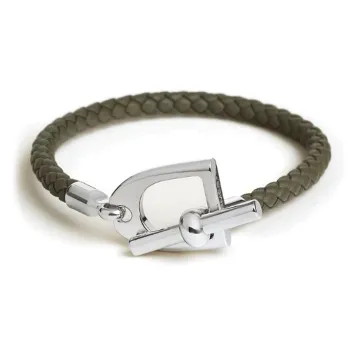 HERMES Calfskin, Palladium Plated Bracelets Men's Dark Green
