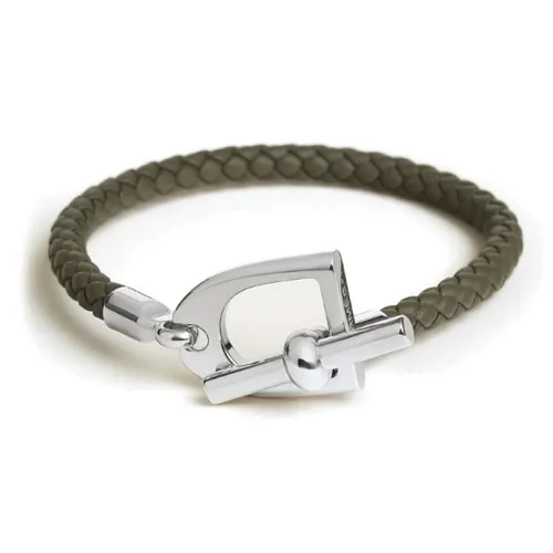 HERMES Calfskin, Palladium Plated Bracelets Men's Dark Green