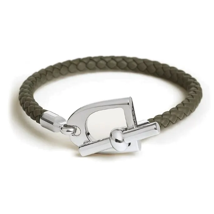 HERMES Calfskin, Palladium Plated Bracelets Men's Dark Green-0