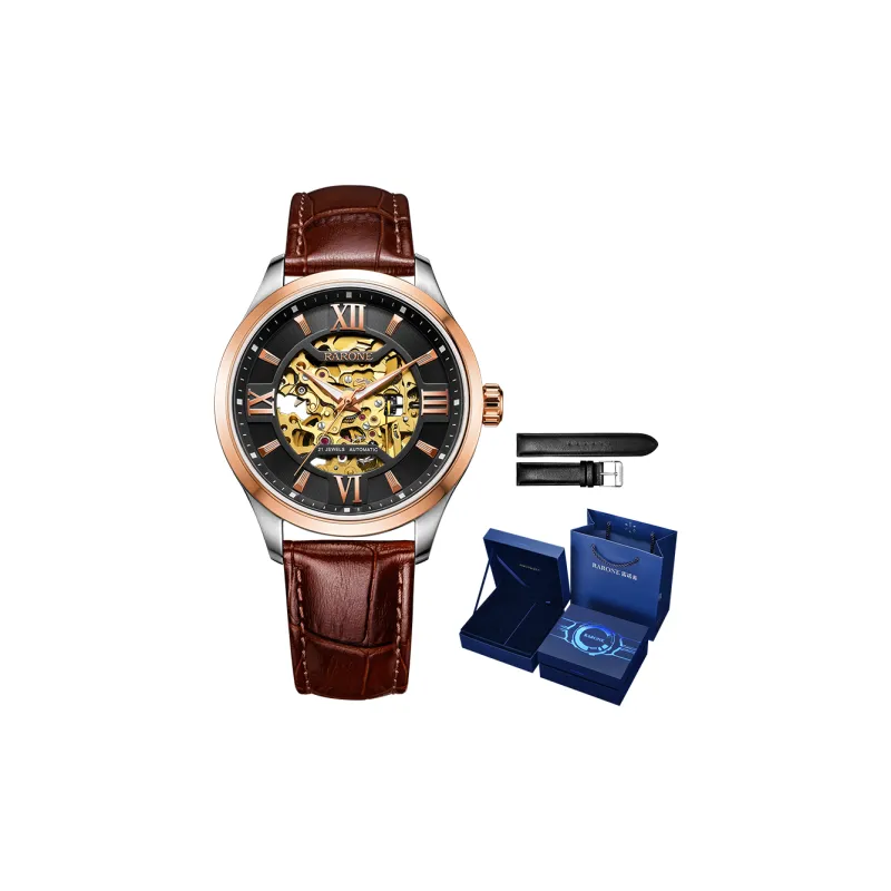 RARONE Warship Series Automatic Mechanical Movement Genuine Leather Strap Watch Men's Watches Cut-Out Dial-0