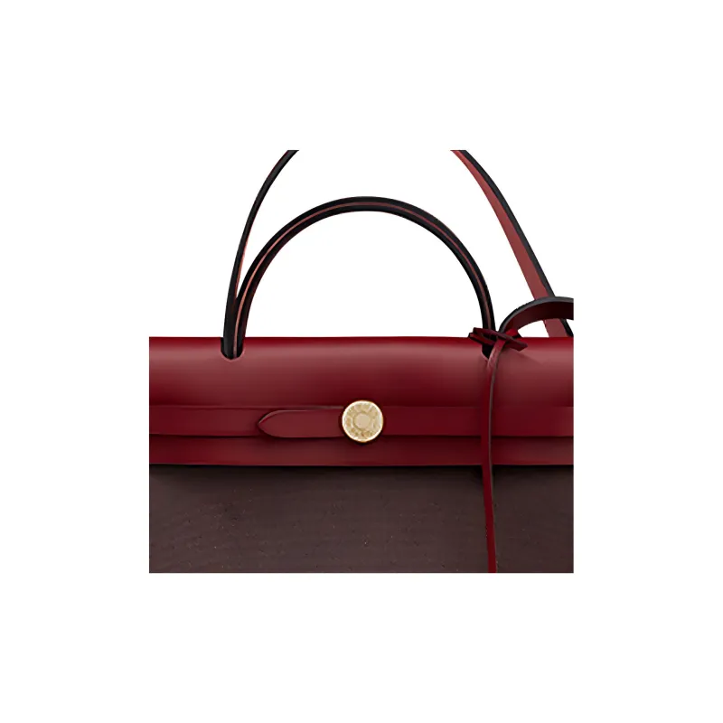 HERMES Herbag Cowhide Patchwork Canvas Handbag Shoulder Bag Crossbody Bag Chocolate With Hermès Red Accents-4