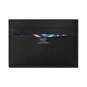 HERMES Citizen Twill Epsom Calfskin Card Holder Wallet Women's Black/Midnight Blue/Zanzibar Blue