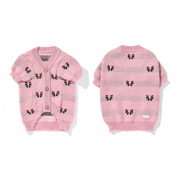 UFBemo Pet Clothing, Hand Crochet Lapel/bow Jacquard/woven Collar Cable Cardigan-2