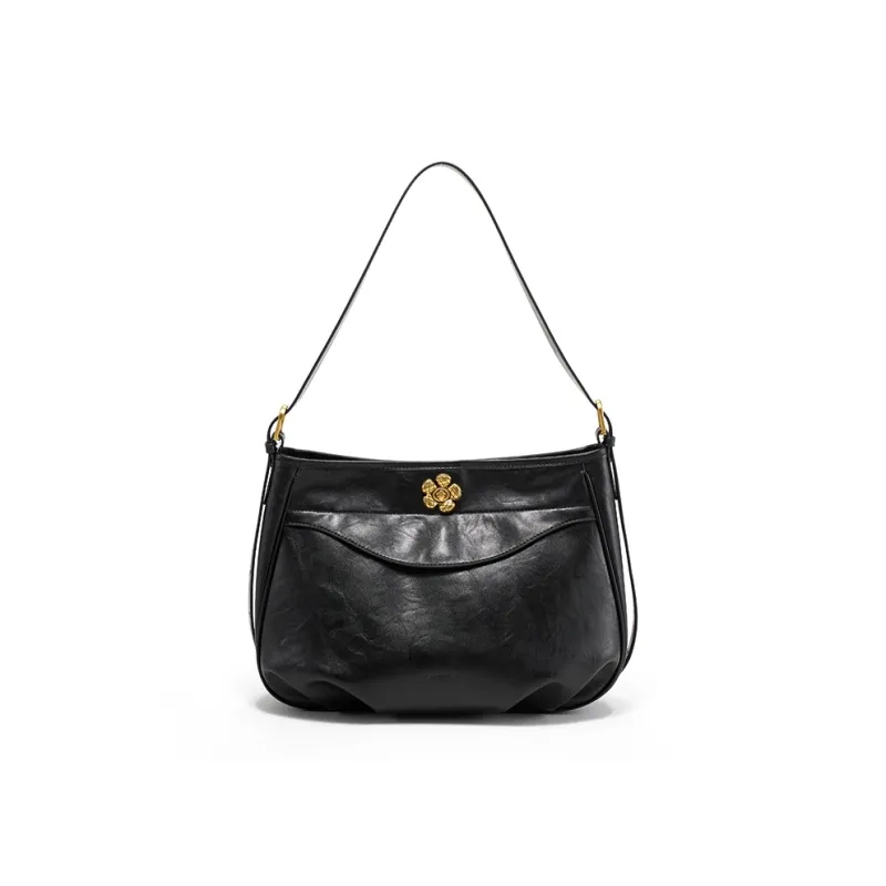 Simedin Cow Leather Shoulder Bag Medium Size Women's Black/Coffee/Ecru-0