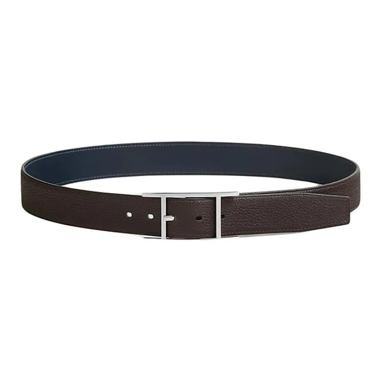 HERMES Calfskin, Palladium Plated Leather Belts Men's Dark Blue Width 3.2CM-1