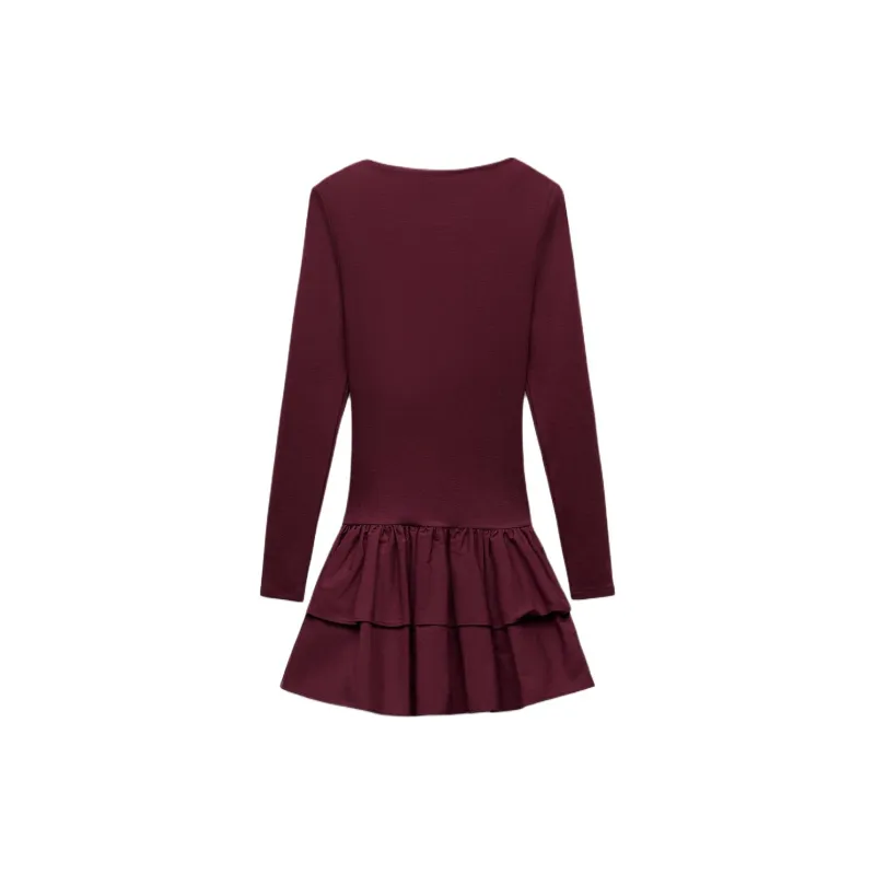 ZARA Long-Sleeved Dresses Women's Burgundy Red-1