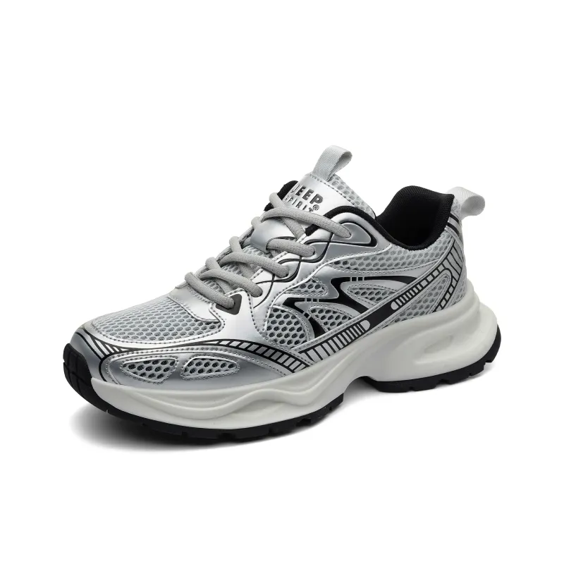 JEEP SPIRIT Anti-Slip Wear-Resistant Breathable Lightweight Height Increasing Low-Top Chunky Sneakers Men's Silver-0