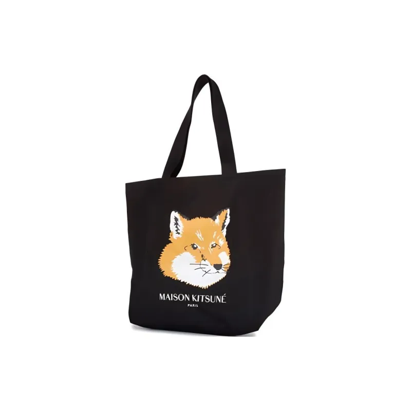 Maison Kitsune Cotton Canvas Tote Bag, Shopping Bag, Canvas Bag, One Shoulder Handbag Regular Unisex Black-2