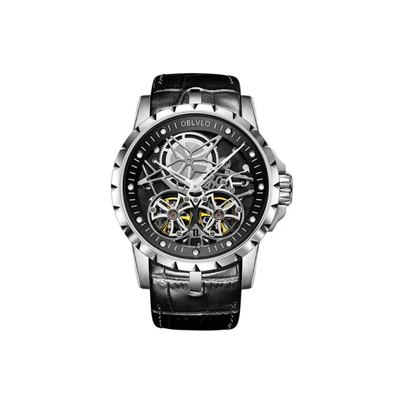 OBLVLO Automatic Mechanical Movement Cowhide Strap Watch Unisex Silver Dial-5