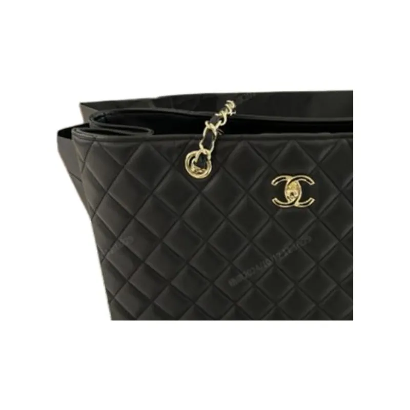 CHANEL Lambskin Tote Bag Shopping Bag Handbag Shoulder Bag Large Size Unisex Black-3