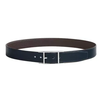 HERMES Calfskin, Palladium Plated Leather Belts Men's Dark Blue Width 3.2CM