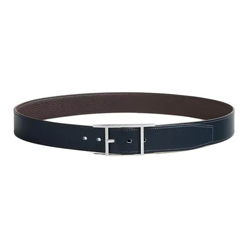 HERMES Calfskin, Palladium Plated Leather Belts Men's Dark Blue Width 3.2CM