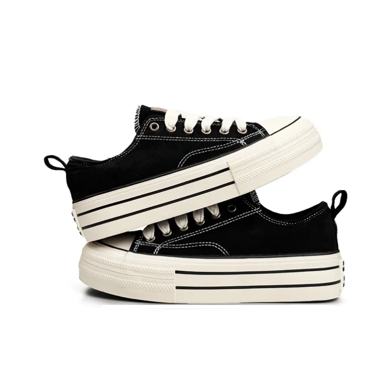 Mengsai Height Increasing Abrasion Resistant Lightweight Low Top Canvas Shoes Unisex Black White-4