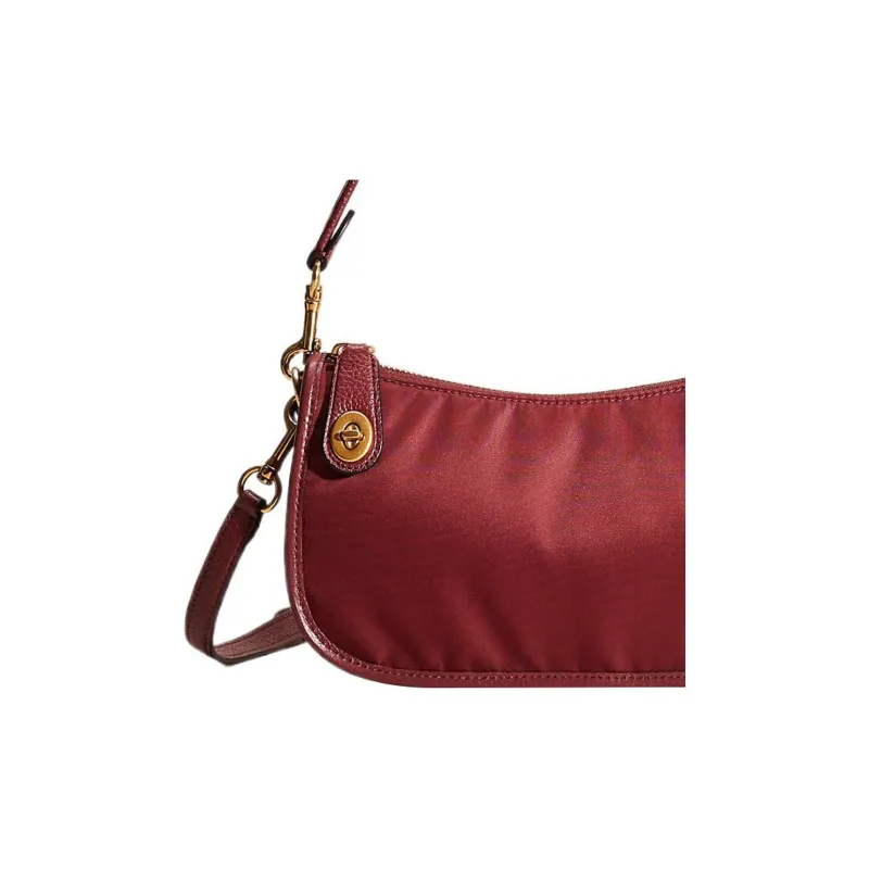 COACH Swinger Nylon With Leather Shoulder Bag, Portable Crossbody Bag Medium Size Women's Burgundy-2