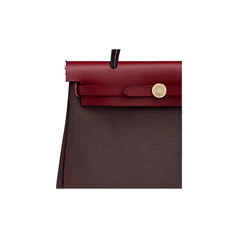 HERMES Herbag Cowhide Patchwork Canvas Handbag Shoulder Bag Crossbody Bag Chocolate With Hermès Red Accents-3