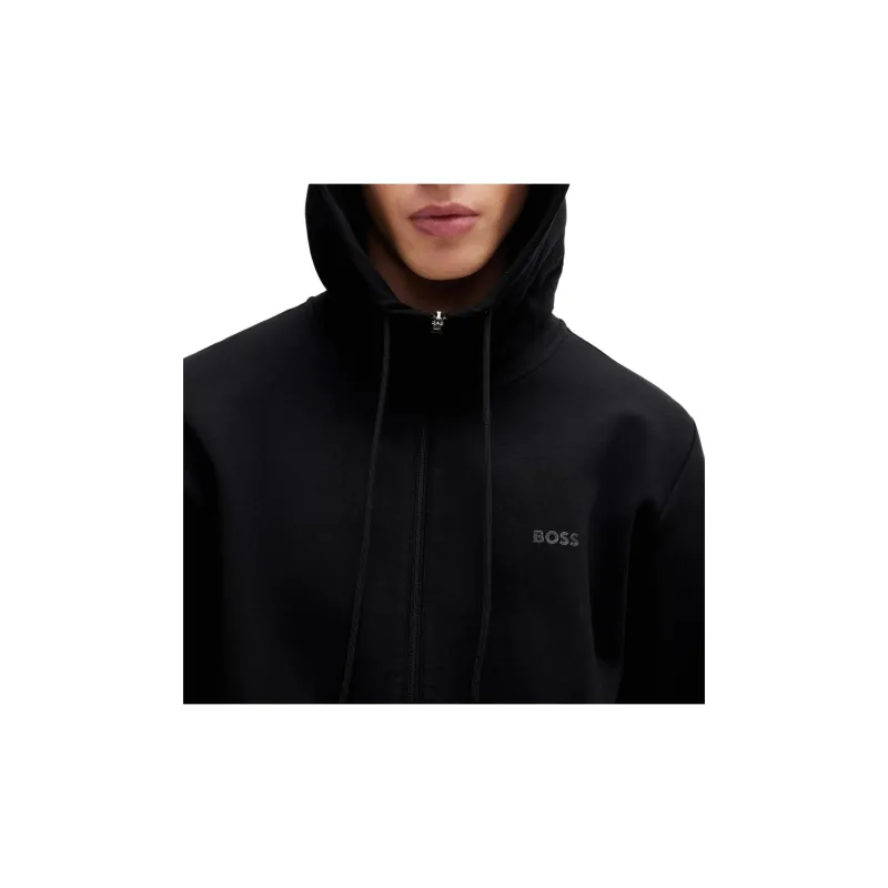 HUGO BOSS Stretch Cotton Zip Up Hoodie With Logo Print Jackets Coats Men's Black-5